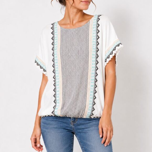 Democracy Tops - Democracy XL White Boho Embroidered Dolman Batwing Rayon Peasant Blouse Top